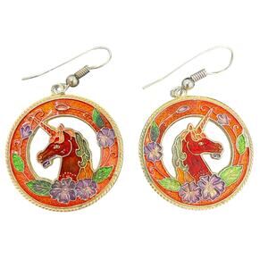 Vintage Unicorn Cloisonne Dangle Earrings Goldtone